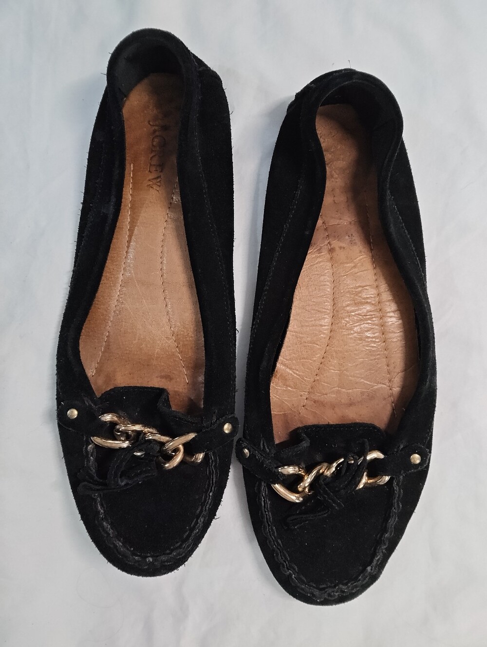 J. Crew Black Suede Leather Loafer with Gold Chain & Bow Detail, Size 10